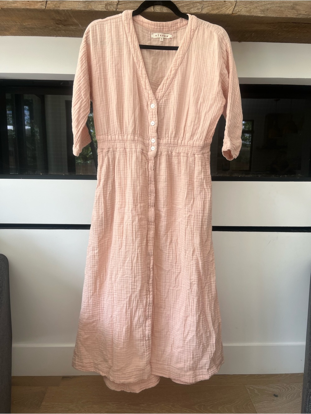 XiRENA Georgia Dress in Pale Pink Rosedust Button-Front Midi Gauze Cotton Sz S